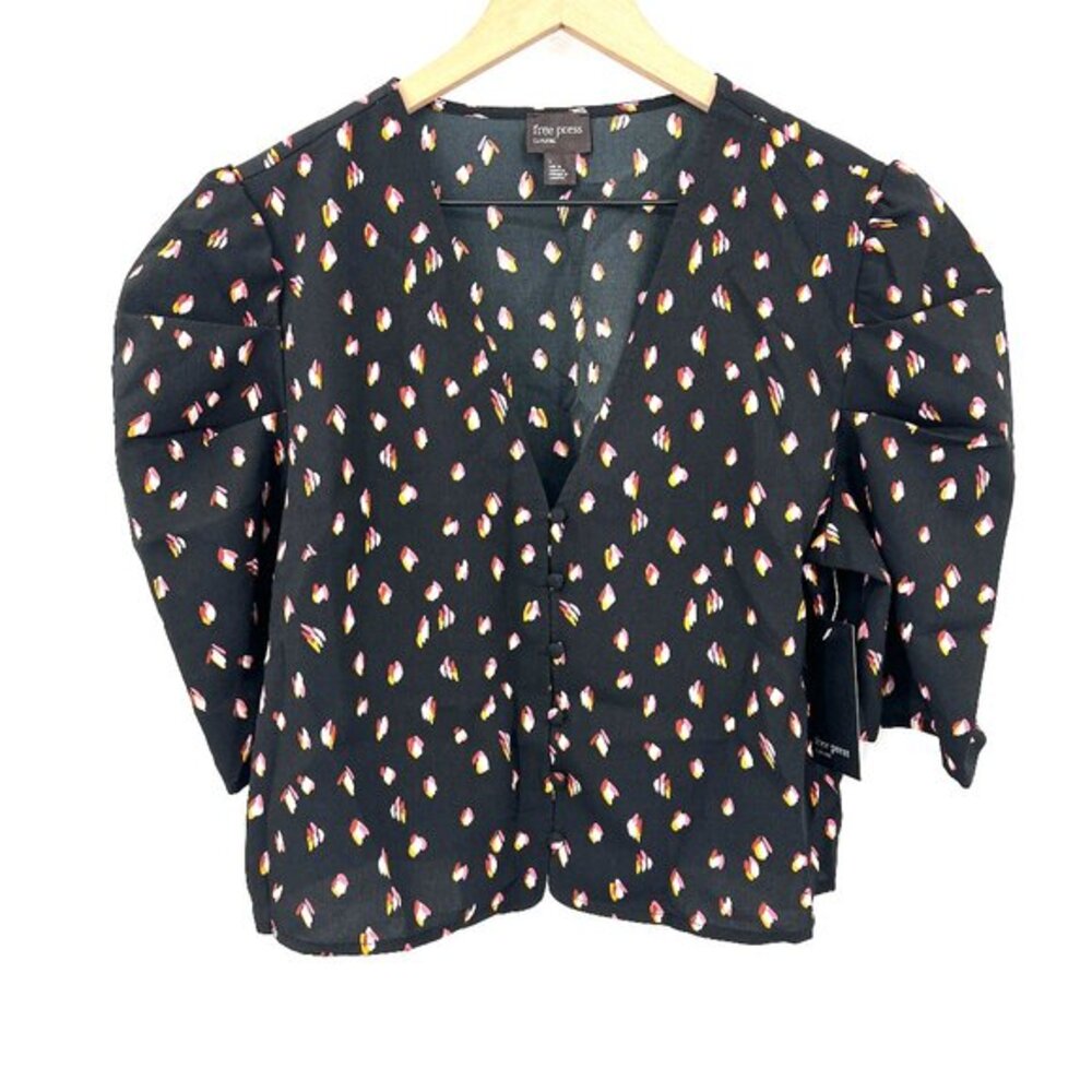 NEW free press retro puff sleeve cropped‎ blouse top abstract floral y2k style L